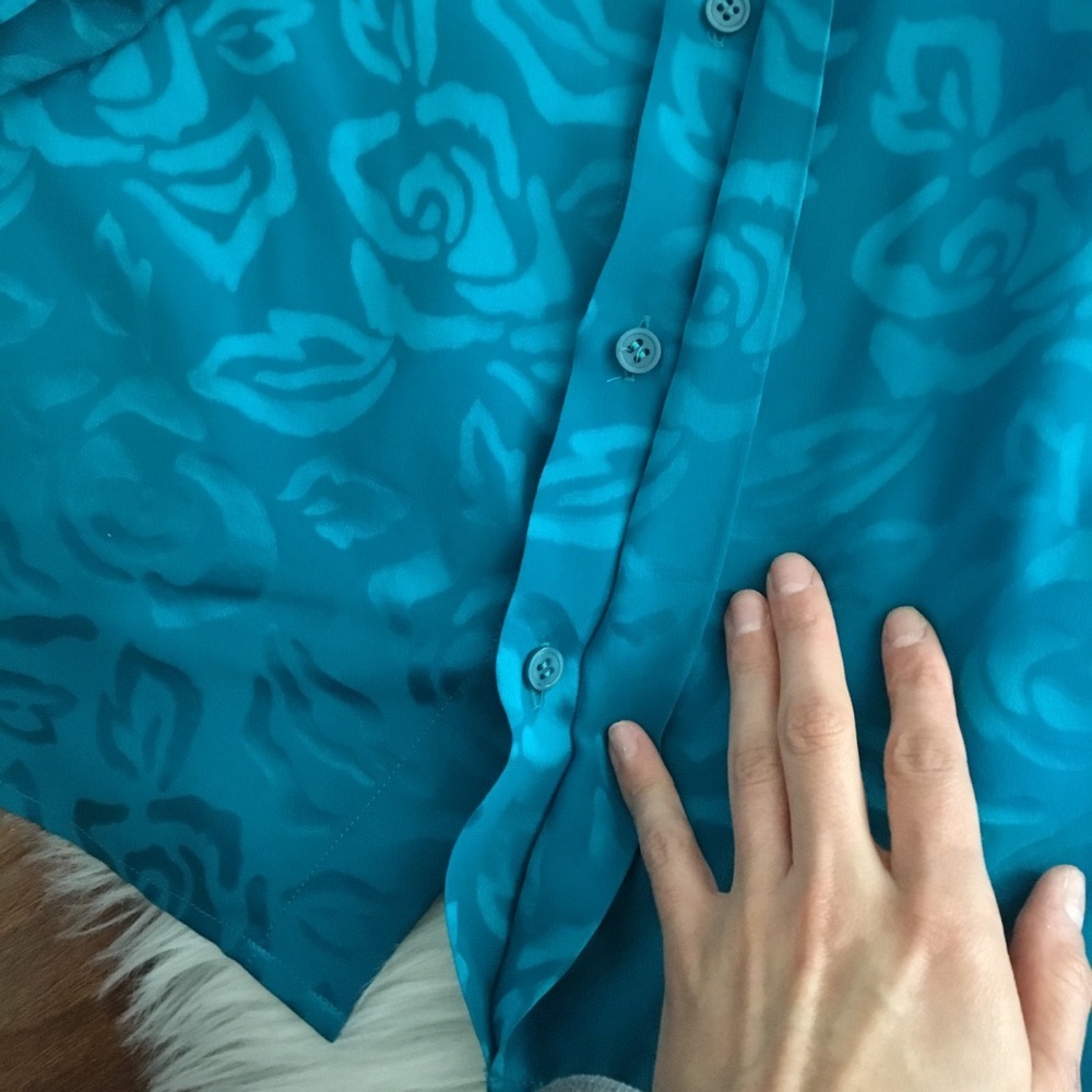 Vintage Turquoise Floral 100% Pure Silk Long Sleeve Top Size 4 - Picture 8 of 9